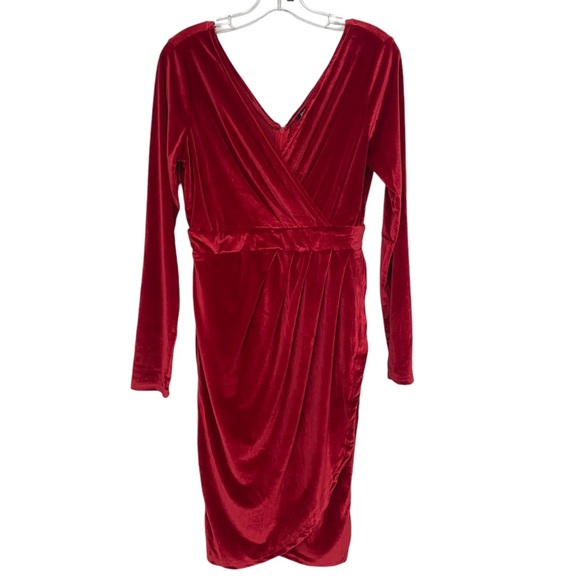NEW Jay Jay Brand Deep Cranberry long sleeve v neck pleated velour bodycon dress - Picture 4 of 16